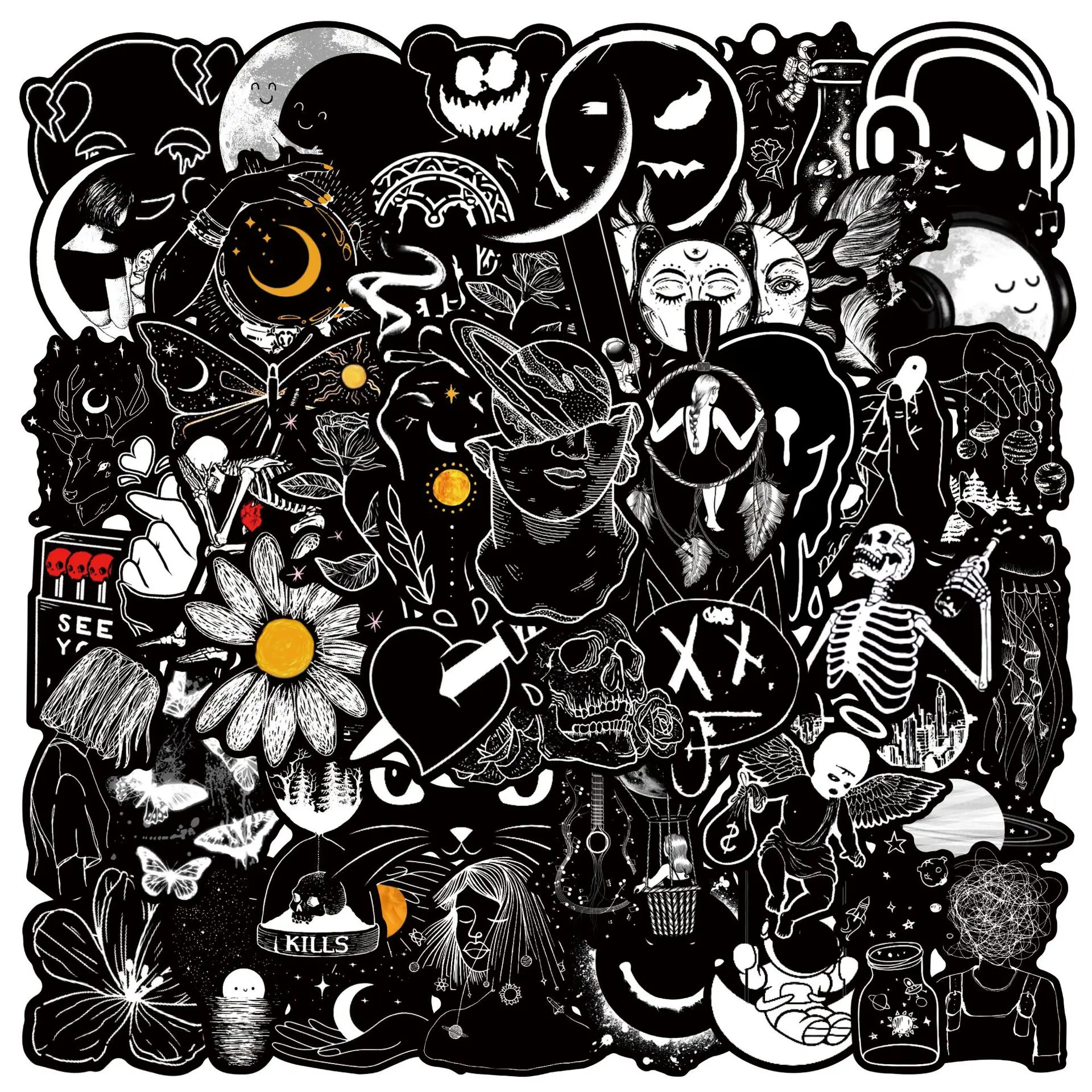 50 Personalized Black and White Doodle Stickers, Suitable for Scrapbooks, Diaries, Laptops, Water Bottles, Cars, and Other Faith-based Designs—gifts with Positive Messages, Premium Skull Stickers, Skull Decal, Graphic Decal, Sticker Decals