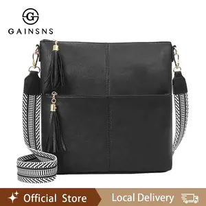 GAINSNS Stylish Crossbody Purses for Women, Medium Size Tassels Zipper Pocket with Adjustable Guitar Strap, Soft Vegan PU Women's Shoulder Handbags, Multi-Pocket Messenger Bag