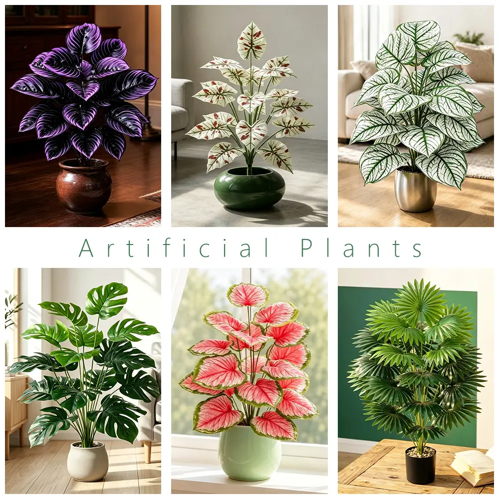 Artificial Plants Set of 6, Purple Hosta Plant, White Red Taro Plant, White Taro Plant, Monstera Plant, Pink Taro Plant, Fan Palm Plant 18 Heads 29.5in | No Maintenance Decorative Palm Leaves for Home Office Indoor Outdoor Decor