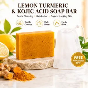 Lemon Turmeric Kojic Acid Cleansing Soap Bar (100g) - Body Care Daily Brightening Bar-Shaped Cleanser, Gentle Citrus Foam Face & Body Wash, Mildly Moisturizing, with Included Soap Bag