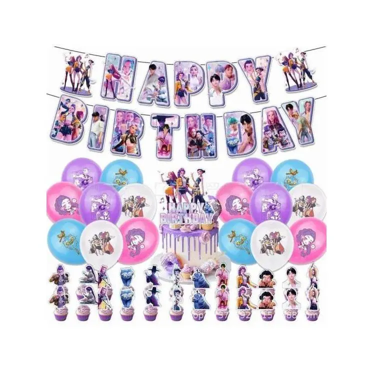 KPop Cartoon Birthday Party Decorations Kit, Blue Backdrop, Balloons & Cake Topper - Festive Gift for Girls