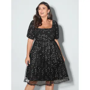 【Summer Turn-Up】BlOOMCHIC Plus Size Star Moon Mesh Sequin Fit And Flare Midi Dress [M-6X] 2026 Summer Pick for Mother's Day