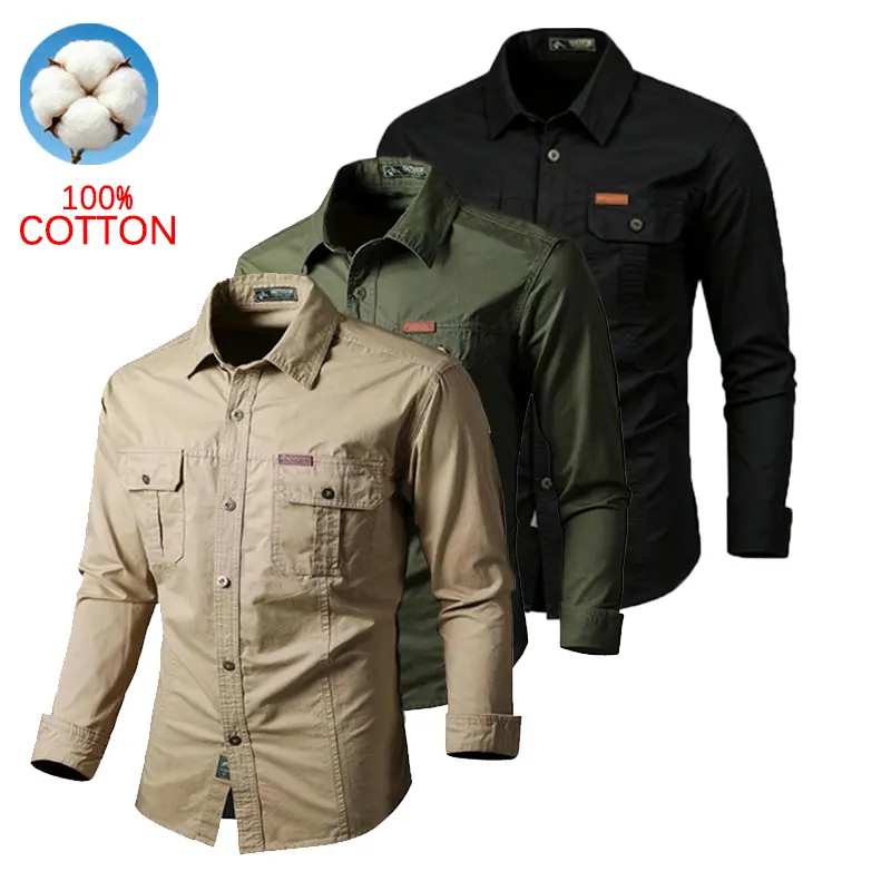 Men’s 3-Pack 100% Pure Cotton Vintage Long Sleeve Shirts - Relaxed Fit, Button Front, Multi-Pocket Casual Menswear Plain Clothes for Everyday Wear, Workwear (Green)