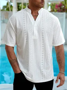 Elegant Lace Button Shirt, Summer Beach Vacation Casual Everyday Wear Short Sleeve Lapel Blouse, Breathable Design, Perfect for Wedding Parties & Holidays