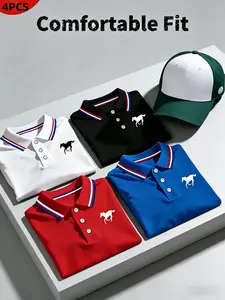 Men's Polo Shirt Set, Casual Fashion Home Wear, Solid Color Short Sleeve Horse Print, Contrast Collar, Breathable Daily/golf Shirts, Multiple Colors, Menswear