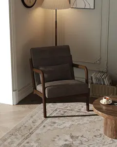 Mid-Century Modern Accent Chair, Chenille Upholstery, Solid Wood Armchair with Removable Lumbar Pillow, Sturdy Reading Chair for Living Room, Bedroom, Guest Room, Easy Assembly, Brown