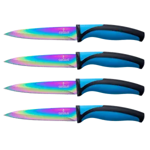Steak Knife Set 4 Rainbow Titanium Coated Blades & Blue Handles