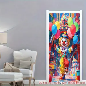 1PC,2D Flat Door Banner Clown Balloon Theme Door Banner, Festival Party Decoration Door Curtain, Amusement Park Style Background Cloth for Home Gathering, Holiday Atmosphere Decoration Door Hanging,