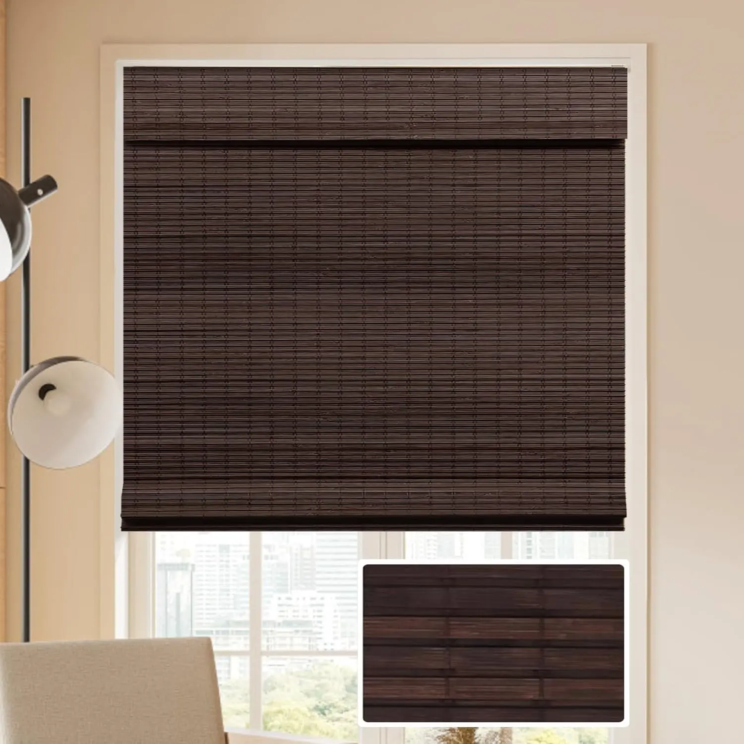 LUCKUP Cordless Bamboo Roman Blinds with 6" Valance Cover, Blackout Windowshades for Indoor Windows, Enhanced Privacy Solution