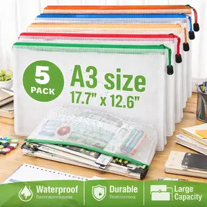 5 Pack Mesh Zipper Pouch Bags – A3 Large Plastic Zip Pouches for Organizing, 17.7"x12.6" Game Storage Bags, Puzzle Organizer Bags with Mesh Window