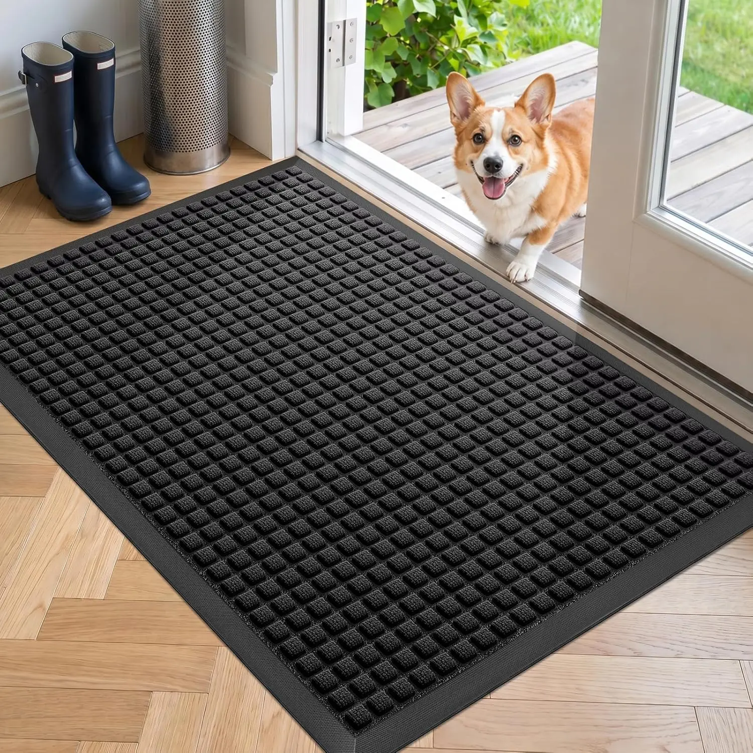 Black Outdoor Front Door Mat - 29.5"x17" Heavy-Duty Waterproof Indoor/Outdoor Doormat, Non-Slip Rubber Backing Dirt Trapper, Low-Profile Easy-Clean, Stain & Fade Resistant