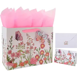 13" Large Pink Gift Bag Set with Greeting Card and Tissue Papers (3D Butterfly and Flowers) for Women's Birthday Party, Girls' or Kids', Mothers' Day, Wedding, Valentine's Day