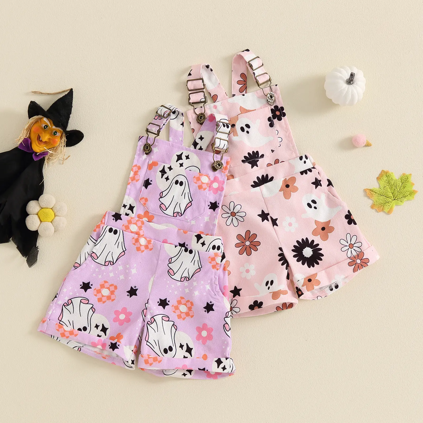 REDWOON Toddler Baby Girl Halloween Outfit Ghost Overalls Shorts Romper Jumpsuit With Pocket Suspender Trousers Cute Infant Clothes