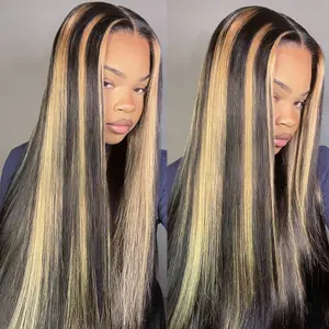 QUANDIAN 13x6 Balayage Highlight Lace Front Double Drawn Wig Human Hair 220% Density Pre Bleached Tiny Knots Straight Hair FB/27 Ombre Wig Springtok