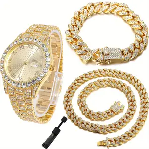 4-Piece Hip Hop Watch & Jewelry Set for Men and Women with Iced Out Cuban Chain and Bracelet, Quartz Movement Alloy Watch with Calendar, Electronic Pointer Display, Party Gift Set Springtok
