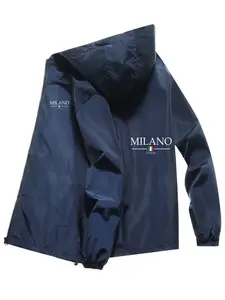 Men's Fashion Jacket with Milano Letter Print, Casual Hooded Design, Zip Pockets, Polyester Material, Spring & Fall Outerwear