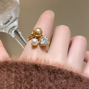 Minimalist gold-plated open ring with sparkling zircon and two-tone pearls, hypoallergenic gift for women