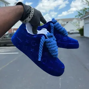 BLUE LIFE. Blue Velvet Sneakers with Rope Laces and Monogram Pattern for Men's Fashion