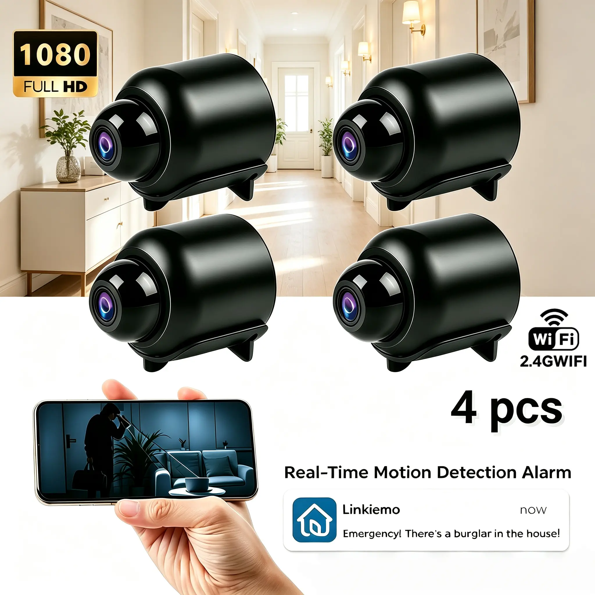 4PC Mini Smart 1080P WiFi Security Camera, 2.4G Wireless Indoor Surveillance Cam, Night Vision, Motion Detection, Audio Recording, Remote App Live View, SD Card & Cloud Storage, Portable Nanny Camera for Baby & Pet Monitoring