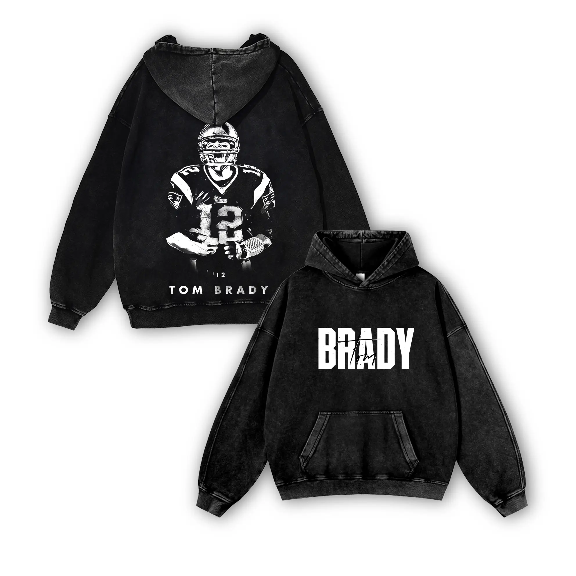 Tom Brady #12 Patriots V10 Casual Washed Hoodie | Brady Bunch QB Apparel, New England Faithful Identity, Vintage Washed Dynasty Collector