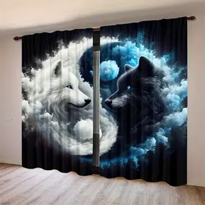2-Piece & Wolf Cloud Moon Scene Digital Print Curtains, Semi-Transparent Polyester Fabric, Rod Pocket Design, Bedroom Living Room Decor