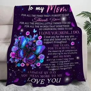 To My Mom Letter & Butterfly Pattern Bed Blanket Letter Print All Season Breathable Comfortable Comfy Bedding Cool Bedroom Accessories Heartfelt Gift For Women