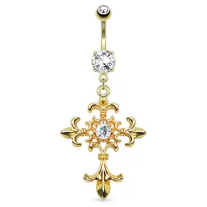 Statement Gold Fleur de Lis Cross Belly Ring for Navel Piercing, Belly Rings for Women, Belly Piercings