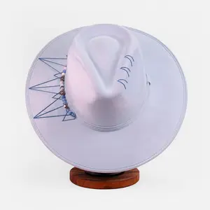 Handcrafted Boho Illari Hat – Light Blue Suede Fedora with Embroidered Details & Beaded Accents