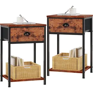 Nightstands Set of 2, Industrial End Table with Fabric Drawer and Storage Shelf, Retro Bedside Tables Organizer, Side Table for Living Room Bedroom, Rustic Brown
