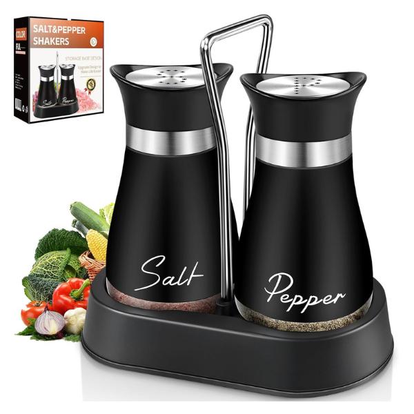 Salt and Pepper Shakers, Farmhouse Salt and Pepper Shakers Set with Holder, electroplated Handle, 4 oz Stainless Steel Glass Bottle Dispenser, for Table, RV, Camp, BBQ (Black)