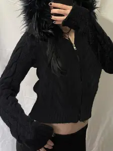 Women's Fall Winter Faux Fur Hooded Knit Cardigan, Street Style Long Sleeve Zipper Sweater Coat, Casual for Ladies