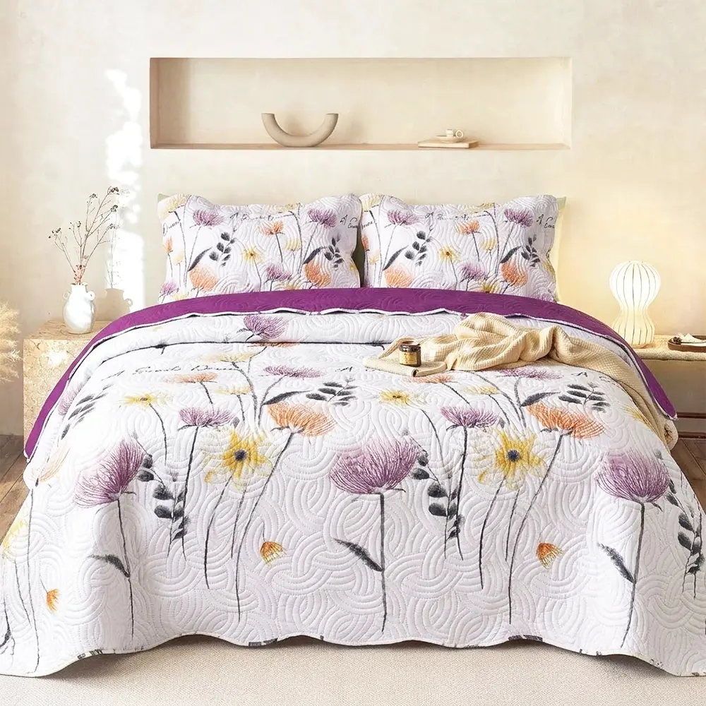 3-Piece Reversible Watercolour Print Breathable Bedspread Set, Soft Lightweight Quilted Bedding with Pillow Shams for Queen/King/Cal King Beds, All Seasons Decorative Cover Bedspreads & Coverlets, Holiday Gift for Family (Local Warehouse), Durable