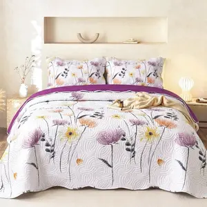 3 pcs Reversible Watercolor Floral Quilted Bedspread Set, Soft Lightweight Bedding Set Coverlet with Pillow Shams for Queen King Cal King Beds, Decorative Bedroom Bedding Holiday Gift For Family & Friend Local Warehouse