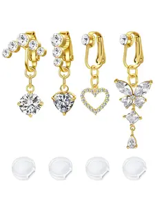 4pcs Fake Belly Button Piercing for Women Dangle Butterfly Heart Clip on Belly Button Rings Silver Gold Pink Fake Belly Button Rings Non Piercing Belly Rings Stainless Steel Faux Navel Jewelry Bellybar, Fashion Body Jewelry