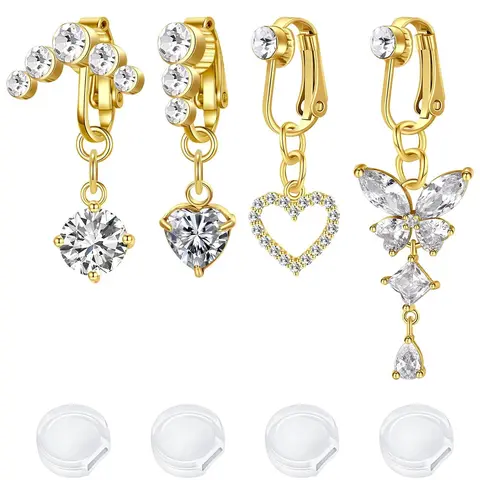 4pcs Fake Belly Button Piercing for Women Dangle Butterfly Heart Clip on Cute Belly Button Rings Silver Gold Pink Fake Belly Button Rings Non Piercing Belly Rings Fake Piercings Stainless Steel Faux Navel Jewelry Bellybar, Fashion Body Jewelry