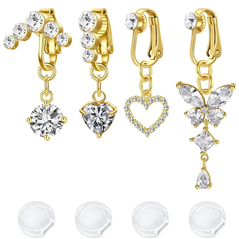 4pcs Fake Belly Button Piercing for Women Dangle Butterfly Heart Clip on Cute Belly Button Rings Silver Gold Pink Fake Belly Button Rings Non Piercing Belly Rings Fake Piercings Stainless Steel Faux Navel Jewelry Bellybar, Fashion Body Jewelry