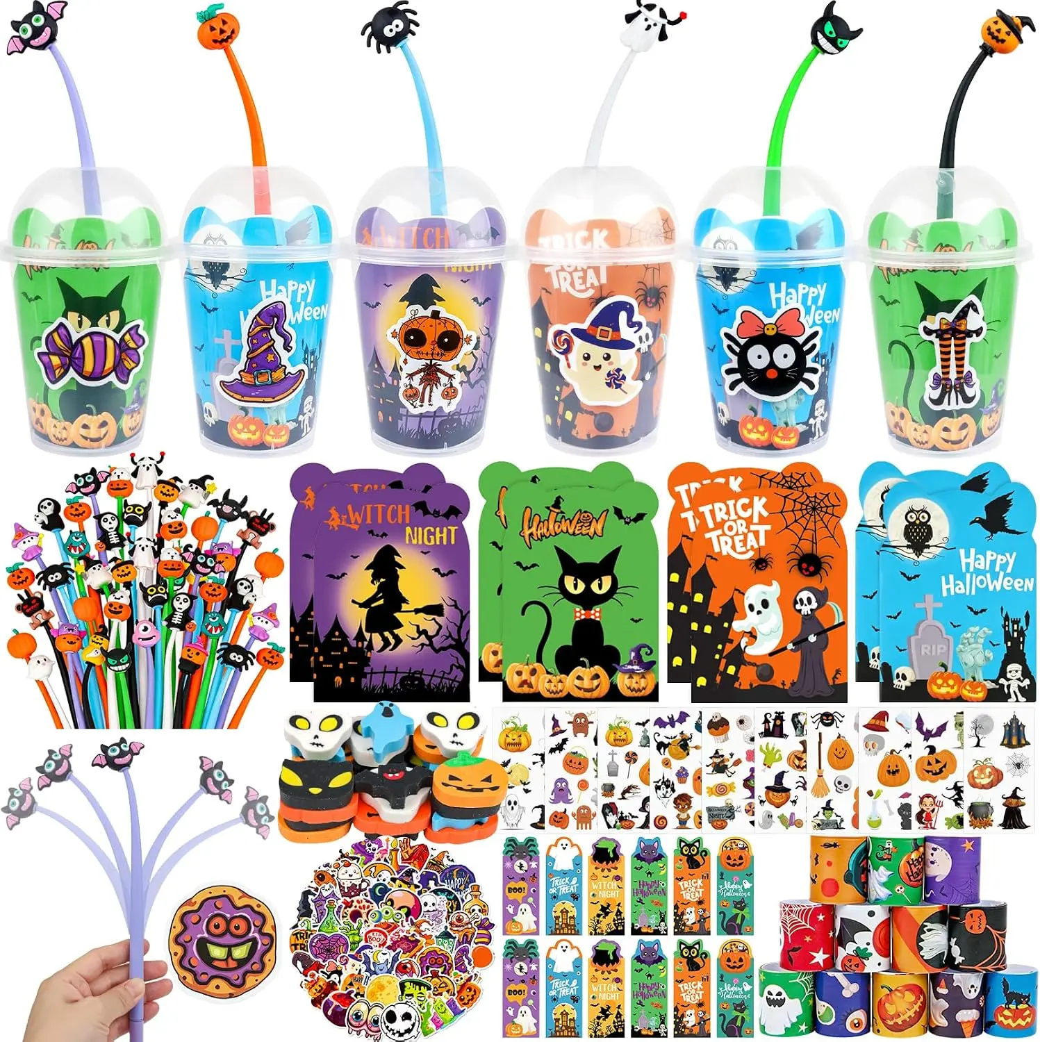 Halloween Party Favors, 12 Pack Halloween Goodie Bag Stuffers Return Gifts | Halloween Cups Fun Pens Mini Notebooks Slap Bracelets Bookmarks Trick or Treat Halloween Classroom Gifts