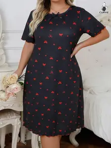 Valentine's Day Plus Size Women's Knitted Sleepwear, Bow Heart Print Casual Round Neck Short Sleeve Pajamas, Home Wear, Loungewear, Can Be Worn Outside