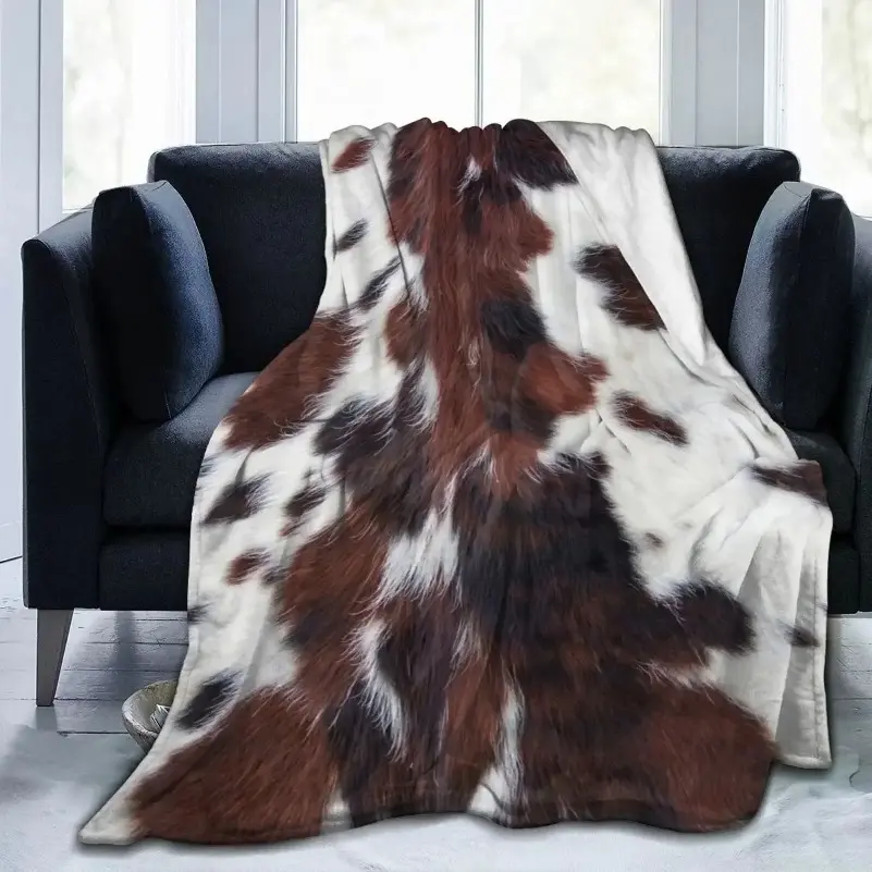 Cow Print Microflannel Blanket - All-Season, Brown, Warm, Lightweight, Soft, Plush, Wrinkle-Resistant Cowhide Throw for Bed, Sofa | Father's Day Gift for Family, Friends
