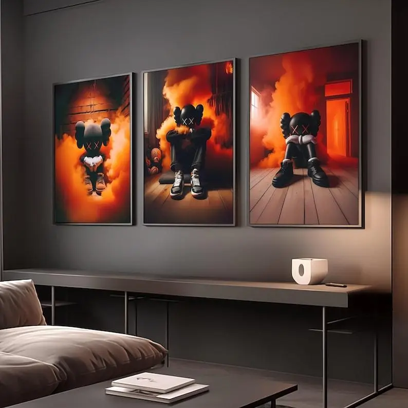 Set of 3 Red KAWS Graffiti Digital Wall Art Posters, Hypebeast Decor Prints