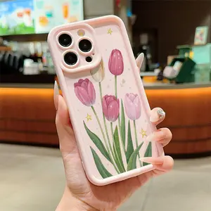 Pink Tulip Print TPU Case for iPhone 17 Pro Max 16 16e 15 14 Plus 13 12 Mini 11 Air X XS Pattern Soft TPU Rubber Camera Protection Rugged Mobile Phone Cover Valentine's Day  Gift 2D printing