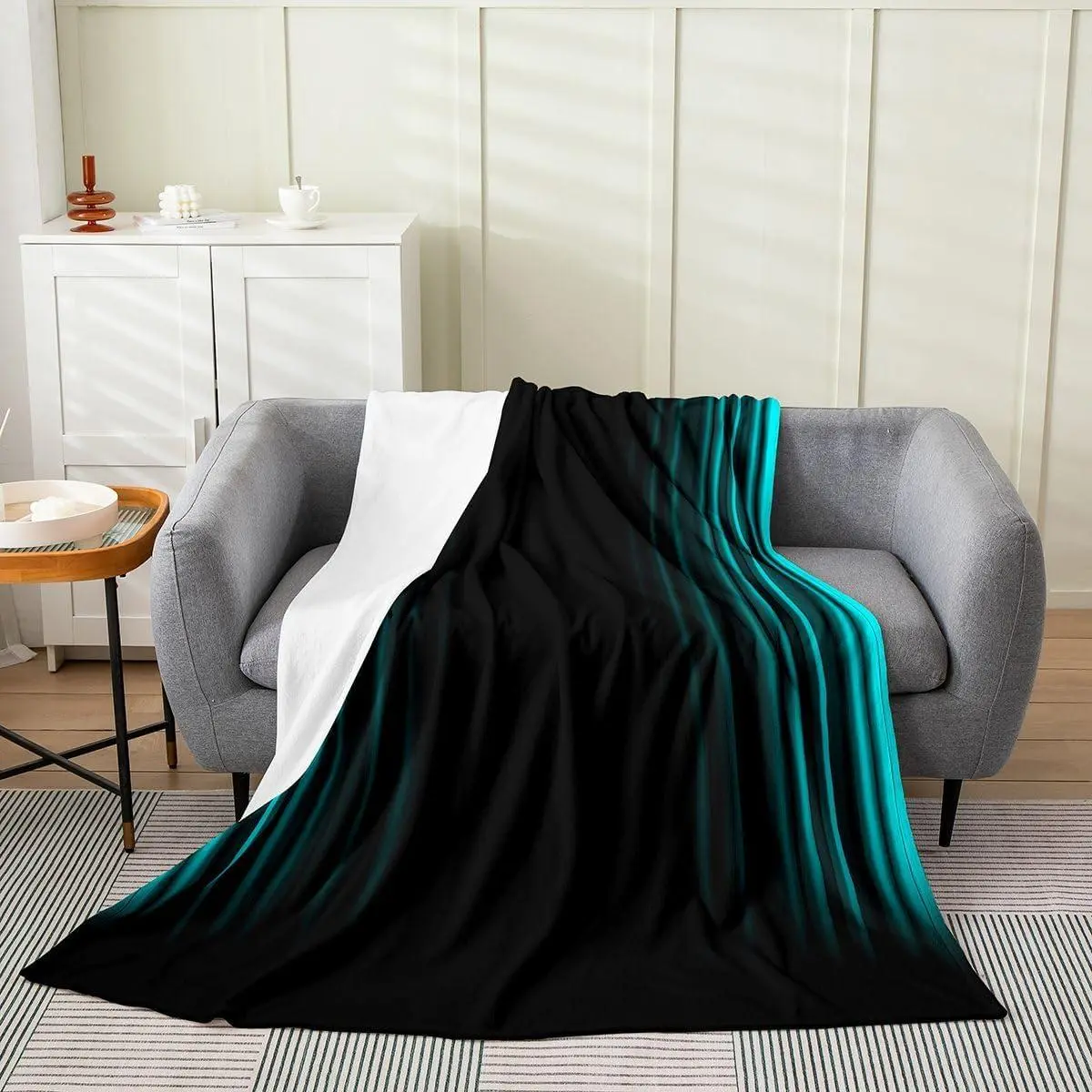 Teal Black Ombre Geometric Flannel Fleece Throw,Ombre Effects Stripes Fuzzy Throw Bed,Sofa,Couch - Breathable Plush Blanket - Abstract Art - Room Decor -