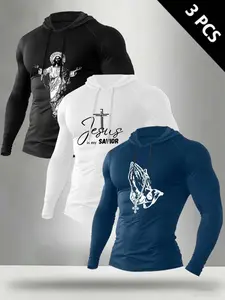 Men's Long Sleeve Hooded T-Shirt Set, Jesus Cross Letter Print, Gym Workout Top, Spring Fall Fashion Comfortable 2-In-1 Casual Sport Essential