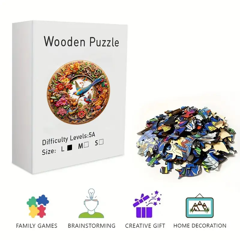 Vibrant Floral & Bird Wooden Jigsaw Puzzle for Adults & Kids - Challenging Irregular Shaped Pieces, Circular Artistic Garden Design, Stress Relief Brain Teaser, Framable Wall Art & Home Decor
