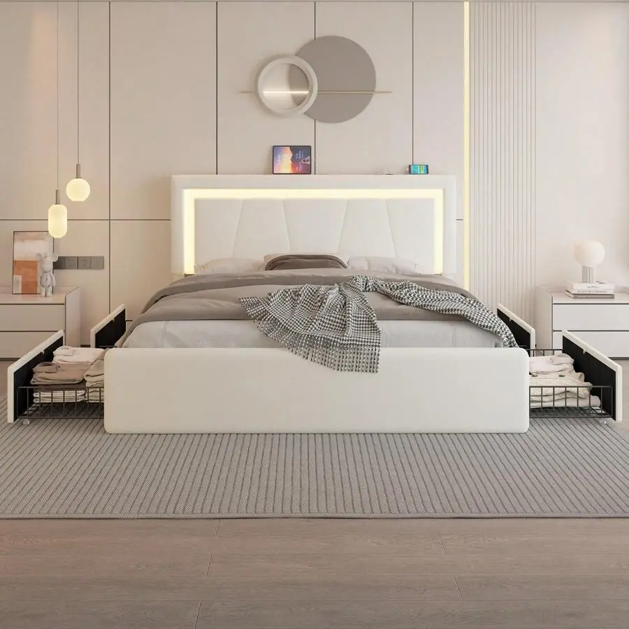 Upholstered Bed Frame With 4 Large Drawers,RGB LED Lights, Adjustable Headboard, Easy To Assemble
