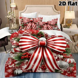 2D Flat 3Pcs Christmas Bow Bedding Red White Striped Ribbon Holly Berry Pattern Duvet Cover Festive Holiday Winter Microfiber Bedding Decorative Bedding Set, Suitable for Bedroom Guest Room Home Decoration Christmas Gift