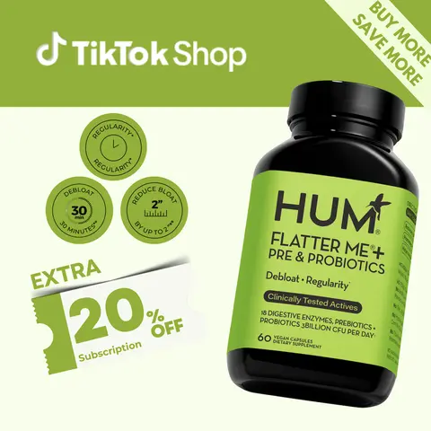 HUM Flatter Me+ Pre & Probiotics - Fast Acting Bloat Relief Supplement for Digestive Health & Debloating - Vegan 60 Servings - Clinically Tested Active Ingredients - Healthcare - Dietary Fitness Edible