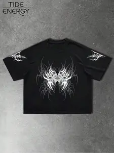 Men's Loose Fit Short Sleeve T-Shirt, Casual, Symmetrical Death Metal Logo, Thorn Print Cuffs, Pure Metal Streetwear Street Style, Menswear