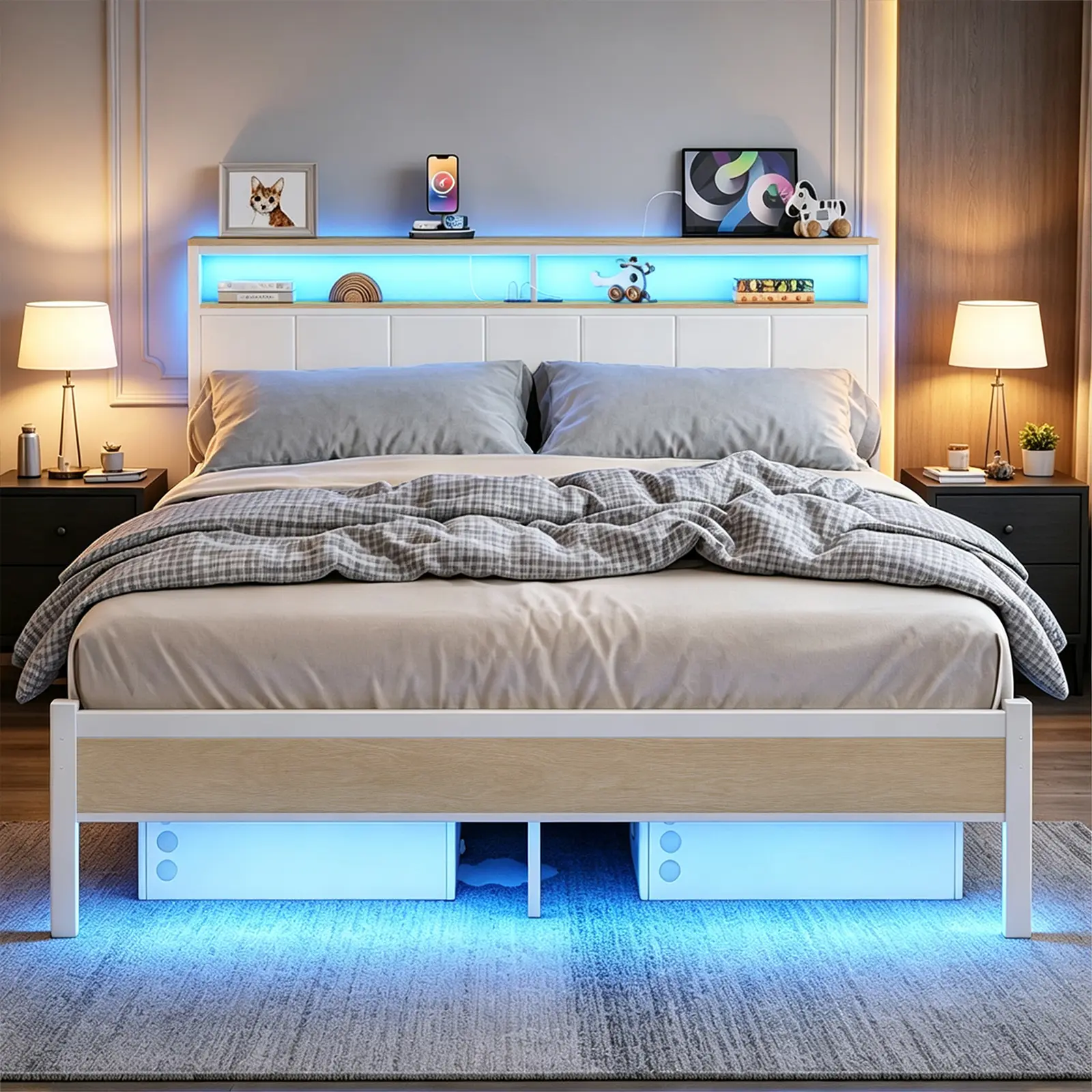 Queen Size Upholstered Metal Bed Frame with Charging Station, LED Lights, 2-Tier Storage Shelves Headboard, No Box Spring Needed, Easy Assembly, White/Black Options Available