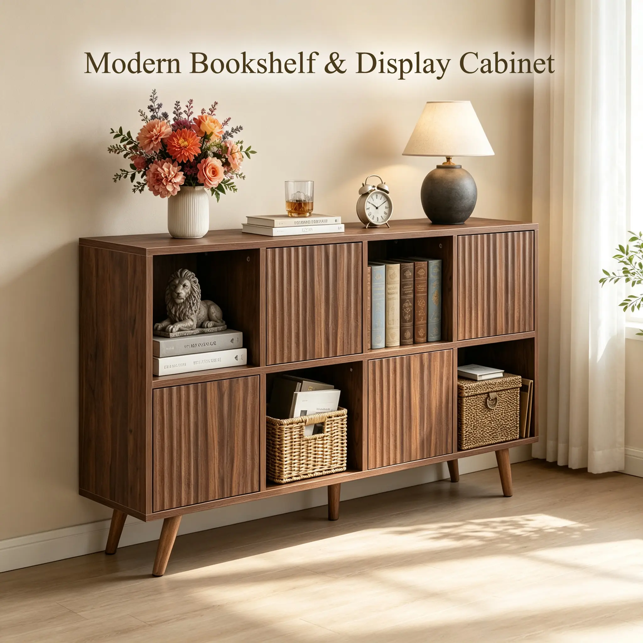 Walnut 8-Cube Storage Organizer - Freestanding Shelf Unit with 4 Adjustable Doors, Modern Bookshelf & Display Cabinet for Living Room, Bathroom Upgrade